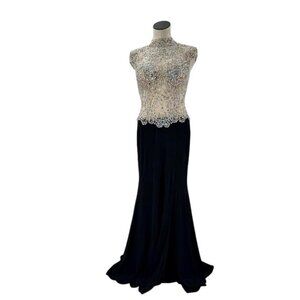 Couture Hand-Beaded Sheer Jeweled Top Black Skirt Fitted Formal Gown